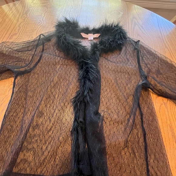 Victoria's Secret Black Sheer Lace Open Jacket Top Feather Boa Trim M/L Y2K Era? - Picture 3 of 11